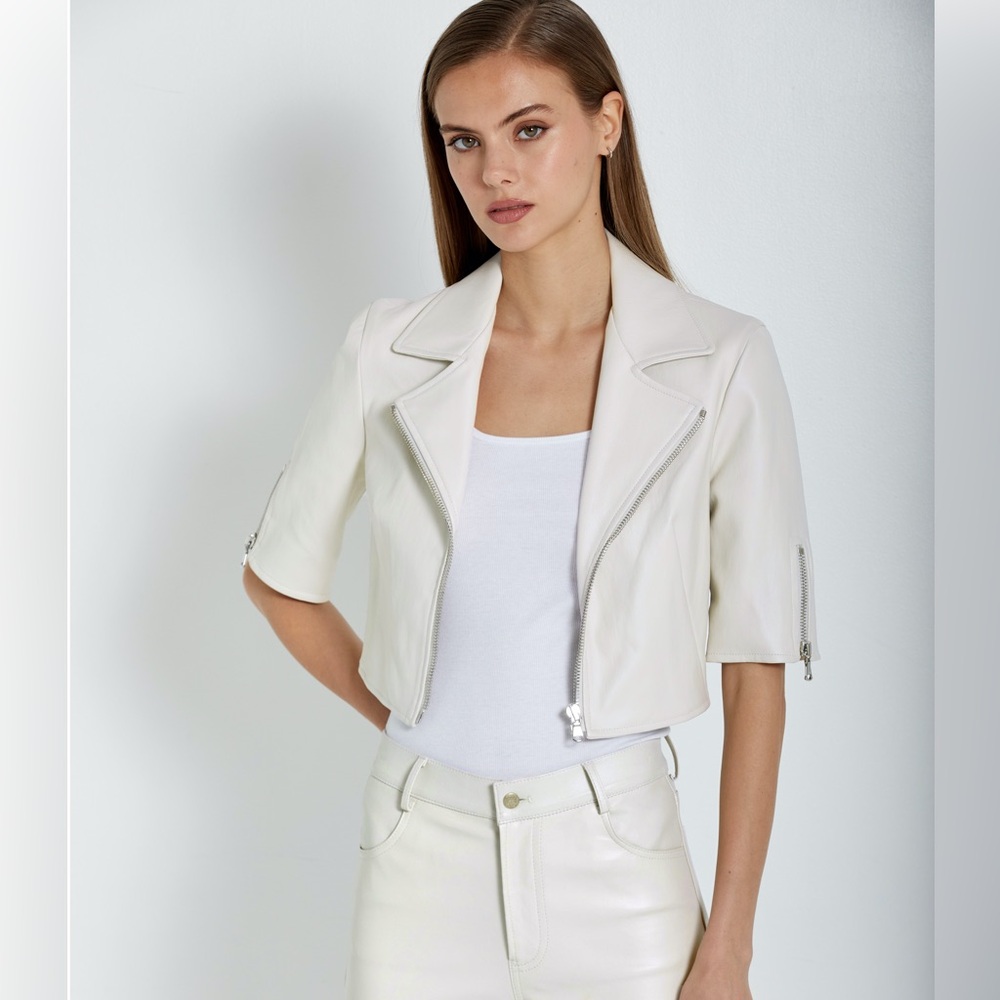 NWOT Susan Bender Real Leather Women's White Moto Biker Cropped Jacket